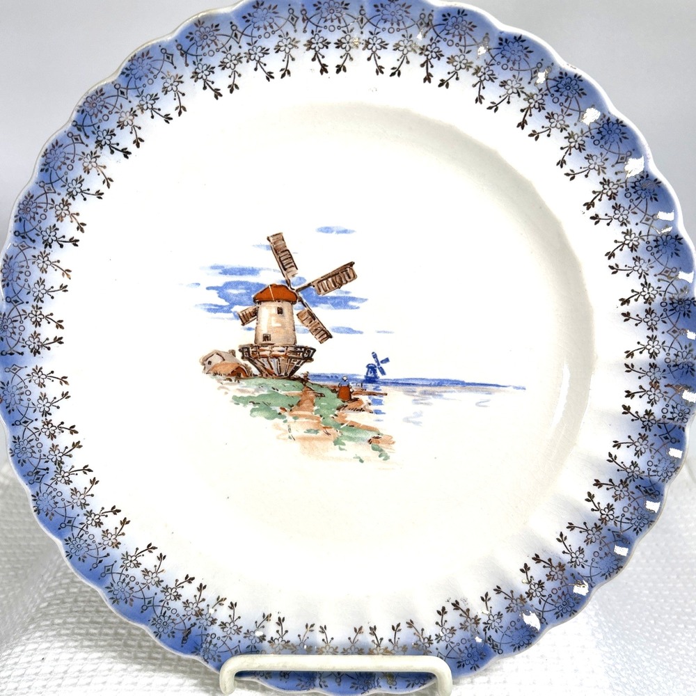 Vintage Sebring Pottery Co Plate 9" Old Holland 1930s 22K Tudor Gold Trim Blue